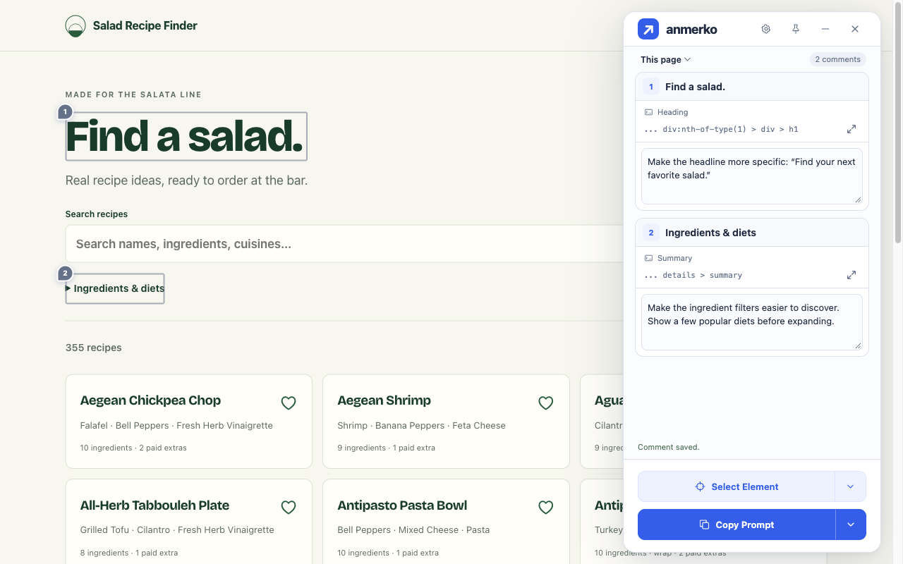 anmerko comments on the Find a salad heading and recipe filters on Salad Recipe Finder