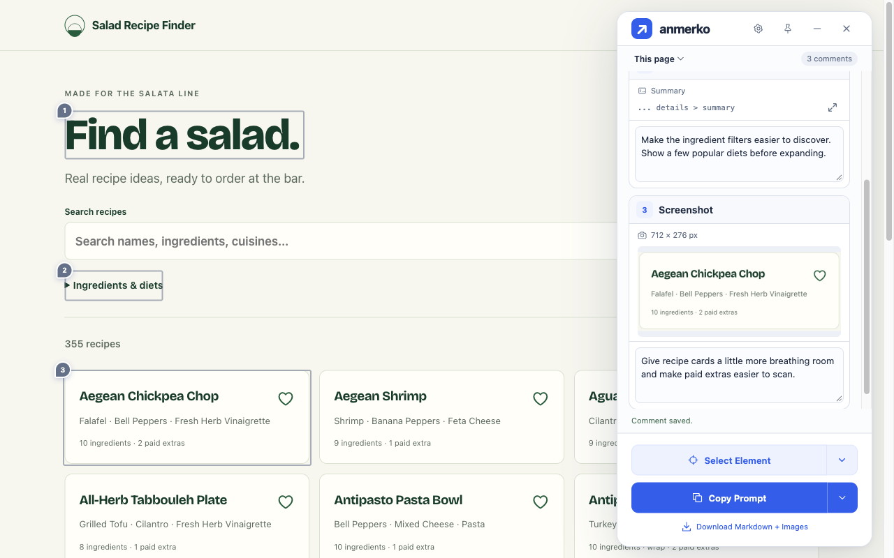 Screenshot feedback about a recipe card on Salad Recipe Finder