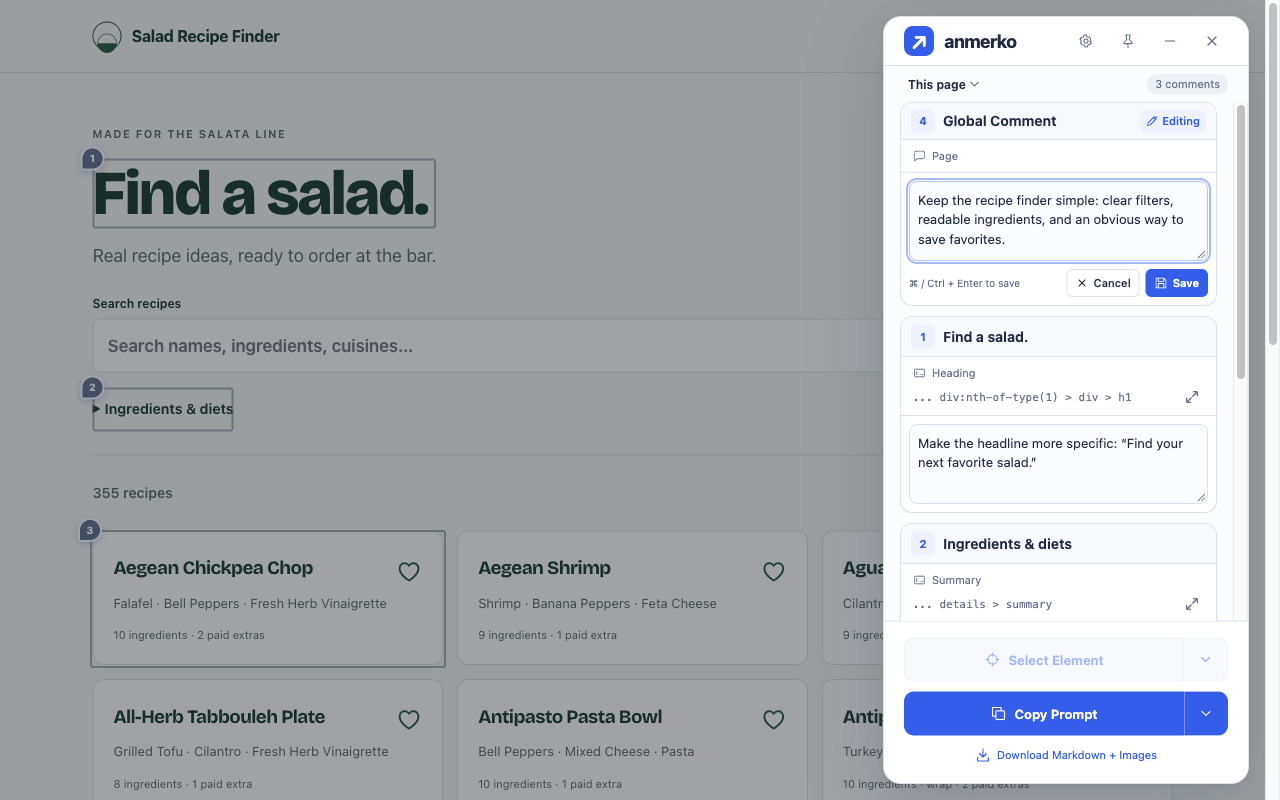 A global comment about Salad Recipe Finder in the current anmerko editor