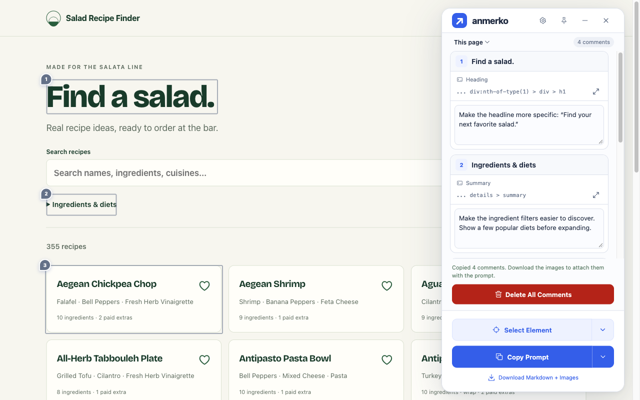 anmerko prompt and export controls with Salad Recipe Finder feedback