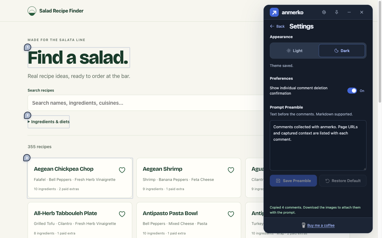 Current anmerko settings beside Salad Recipe Finder